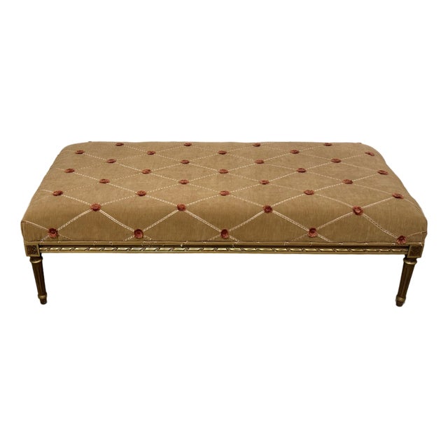 Louis XVI Style Neoclassical Gilt Wood Upholstered Bench Ottoman For Sale