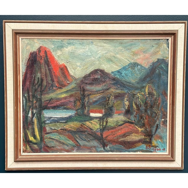 Original oil on canvas – “hut between hills” by b. Elvsfedt – signed & dated 1962 – framed – 83 × 70 cm (32.7" × 27.6") a...