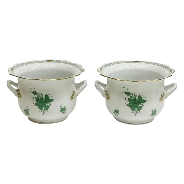 Chinese Bouquet Apponyi Green Porcelain Cachepots from Herend, Set of 2 For Sale