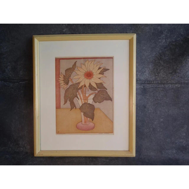 Mid-Century Modern Mid 20th Century "Sunflowers, Olive Leaves Pink Vase" Signed Still Life Block Print by Anders Aldrin, Framed For Sale - Image 3 of 8