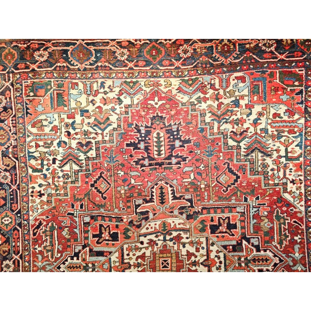 Vintage Persian Heriz Rug, Hand-Knotted Wool, Geometric Medallion Pattern, Red & Navy, 9x11 For Sale - Image 13 of 17