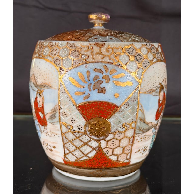 Japanese Antique 19th C. Japanese Meiji Period Porcelain Lidded Jar With Figural Enamel and Gilt Decoration For Sale - Image 3 of 11