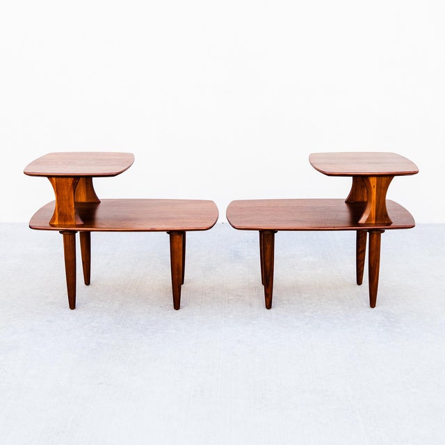 Restored Mid Century Modern Solid Walnut Sculptural Step Tables For Sale - Image 9 of 12