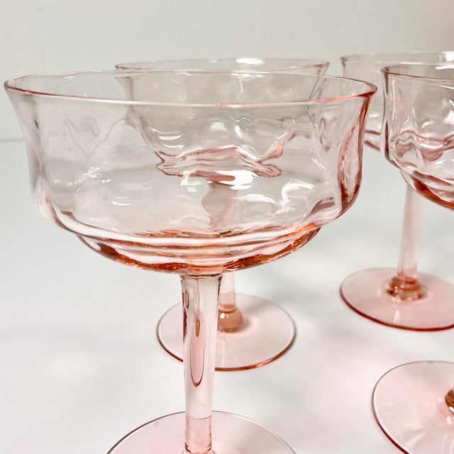 Glass Mid 20th Century Art Deco Hollywood Regency Boho Chic Pink Crystal Champagne Coupes - Set of 4 For Sale - Image 7 of 9