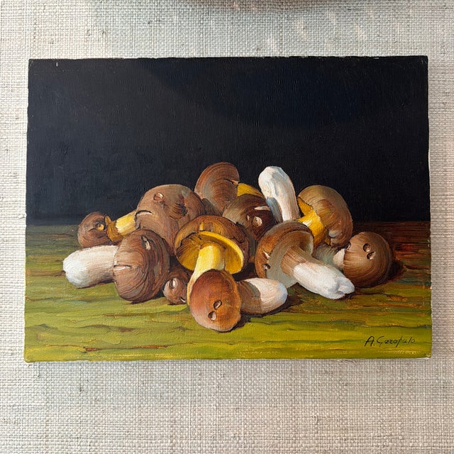 Very appealing still life painting of mushrooms (“fungi”) by Italian painter Angelo Garofalo. Great colors! Purchased at...