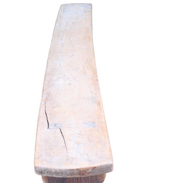 Beige Long French Wabi-Sabi Pine Bench with Sculptural Trestle Supports, 1900 For Sale - Image 8 of 11