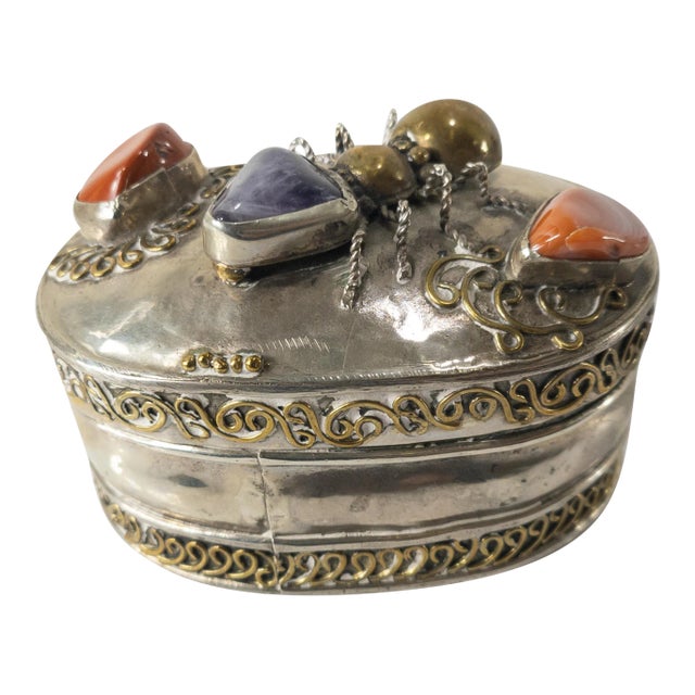 Vintage Silverplate Trinket Box With Ant and Semi-Precious Stones For Sale