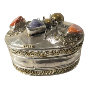 Vintage Silverplate Trinket Box With Ant and Semi-Precious Stones