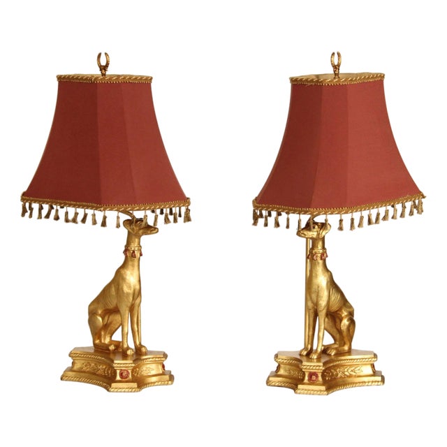 Late 20th Century Egyptian Revival Gilt Greyhound Table Lamps - a Pair For Sale