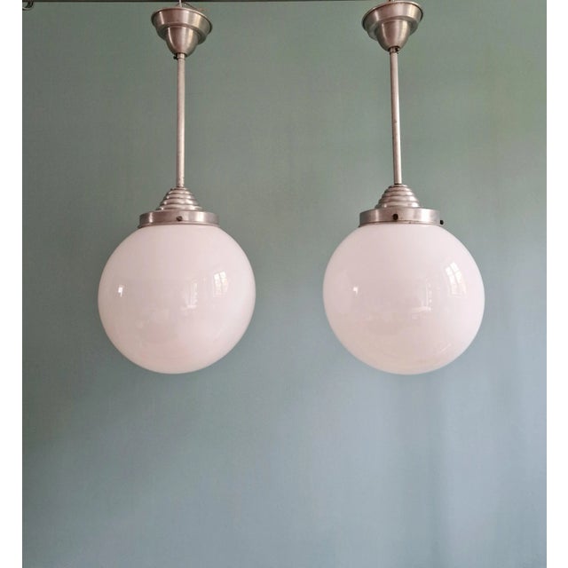 Silver Large Art Deco Pendant Lights in White Opaline, 1930s, Set of 2 For Sale - Image 8 of 13