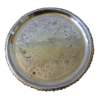 Antique Silver-Plated Tray with Small Round Feet and Engravings For Sale