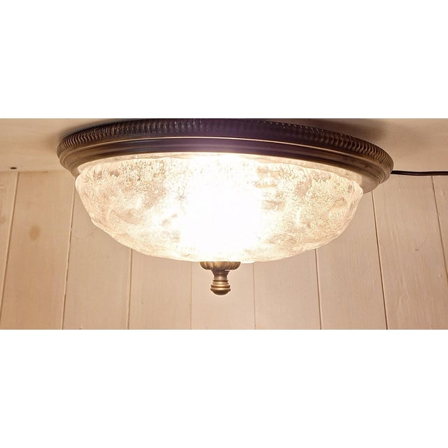 1970s Vintage Ceiling Lamp with Brass Frame and Ice Glass Lampshade, 1970s For Sale - Image 5 of 7
