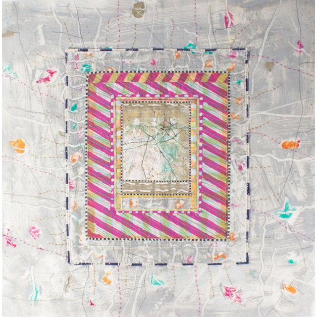 A work of textile art with monoprint by the American artist Marlene Mancini Frost (born 1935). Titled "Awaken From the...