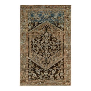 Antique Malayer Handmade Brown Floral Wool Rug For Sale