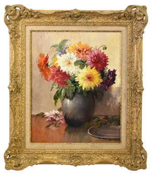 Kees Terlouw, Dahlias, Oil on Canvas, 20th Century, Framed