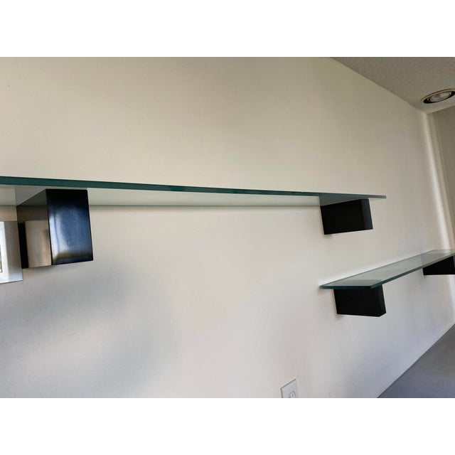1980's Post Modern Floating Glass Shelves With Black Lacquer Brackets