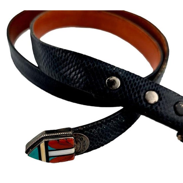 Metal Rare Native American Zuni C & D Cooche Cooeyate Signed Inlay Sterling 2 Pc Ranger Lizard Belt For Sale - Image 7 of 10