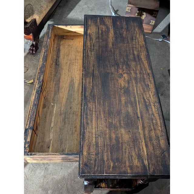 MId 20th Century Rustic Distressed Black Wood Console Table With Drawer and Equestrian Ring Pulls For Sale In Washington DC - Image 6 of 11