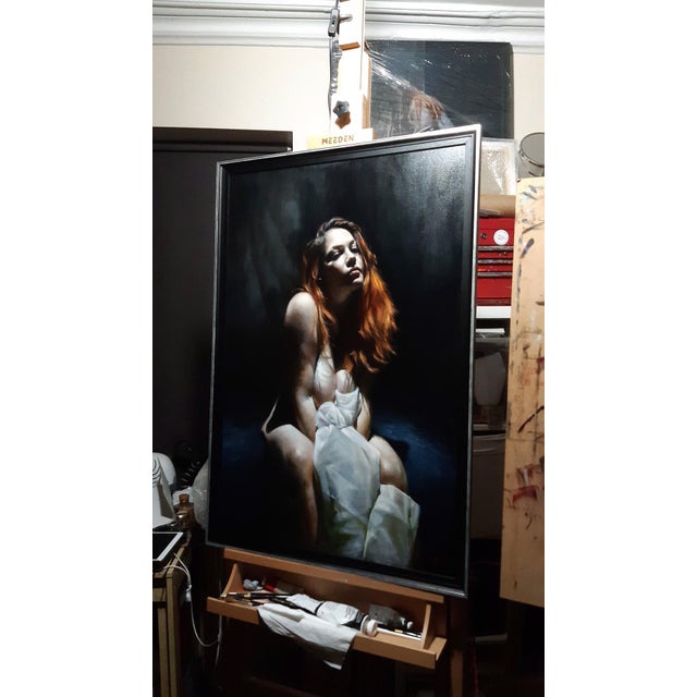 In The Room Where You Sleep by Daire Lynch | Acrylic, gold leaf oil on canvas of a woman seated in shadow. For Sale - Image 4 of 5