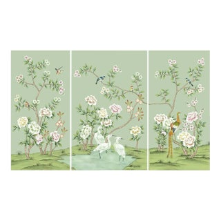 24"*48"/Panel, a Set of 3 Panels Aqua Green Colourful Peonies Chinoiserie Wall Artwork( No Frame) For Sale
