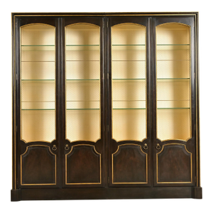 Baker Furniture French Regency Louis XVI Carved Walnut and Parcel Gilt Lighted Breakfront Bookcase Cabinet, Circa 1960s