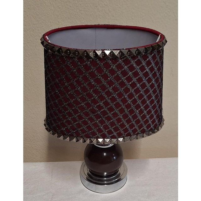 Vintage Table Lamp with Chrome-Plated Metal Base, Brown Ceramic Elements, and Fabric Shade, 1970s For Sale - Image 4 of 8