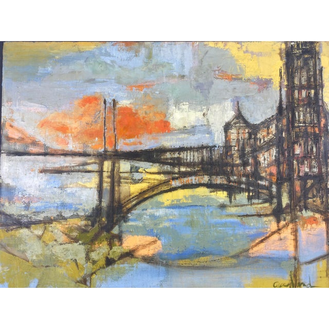 Abstract Mid Century Vintage Abstract Impressionist Cityscape Oil on Canvas. Signed Galand For Sale - Image 3 of 11