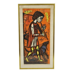Vintage Irving Amen "Flute Player and Dog" Woodblock Print Judaica Art, Signed