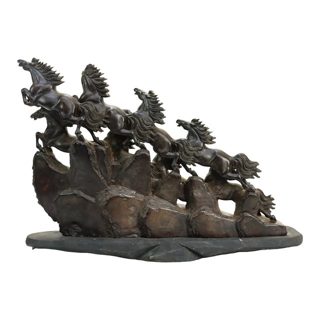 Feng Shui 8 Running Horses Carved Black Jasper Grouping & Wood Base C1920 For Sale - Image 6 of 7