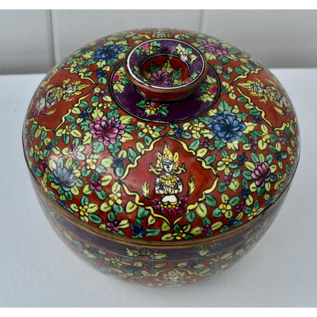 Vtg. Thai Benjarong Covered Ginger Jar W/Brass Rim For Sale - Image 13 of 18