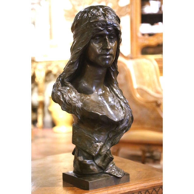 Commanding in scale and beautifully modeled, this antique Belgian bronze bust titled Judith is the work of sculptor Albert...