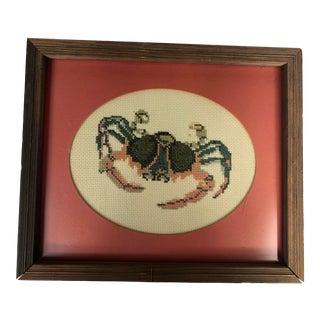Vintage New England Needlepoint Crab Framed Textile Art For Sale