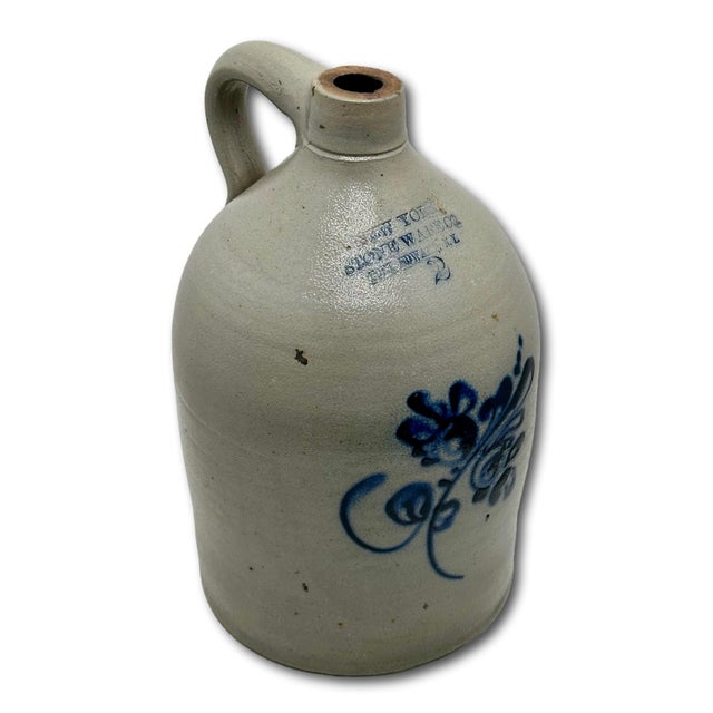 Excellent Antique American Blue Flower Decorated 2 Gallon Jug by New York Stoneware Company Fort Edwards - Circa Mid 1800s For Sale - Image 9 of 18
