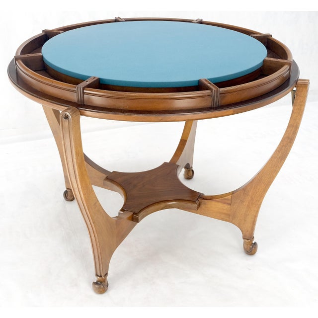 Henredon Round Flip Top Art Nouveau Deco Banded Carved Walnut Game Table For Sale - Image 4 of 12