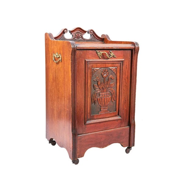 Brown Antique Coal Box in Carved Mahogany, 1900 For Sale - Image 8 of 8