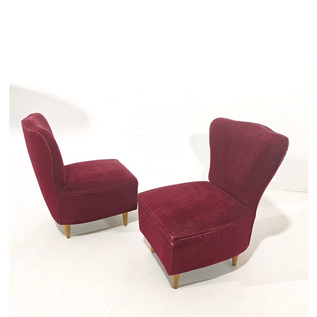 Cherry Velvet Armchairs with Wooden Legs, Italy, 1960s, Set of 2 For Sale - Image 6 of 13