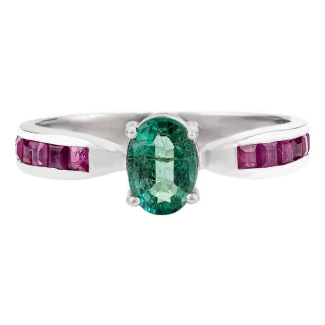 Dainty 925 Solid Silver Oval Emerald & Ruby Promise Ring for Her - Size 7 For Sale