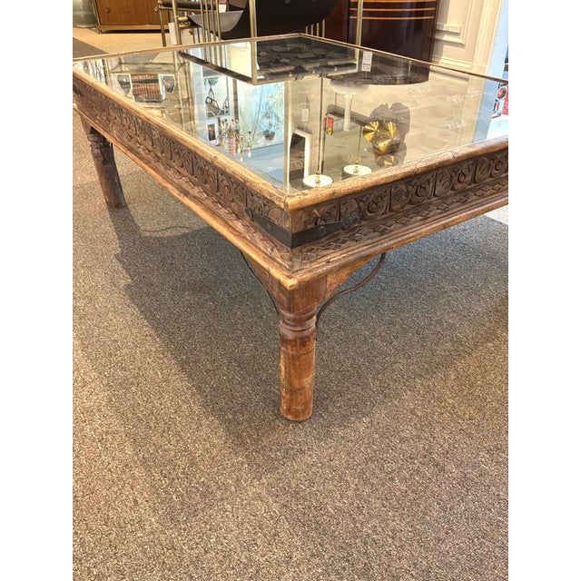 Brown Antique Indian Wood & Iron Carved Door Cocktail Table. For Sale - Image 8 of 8