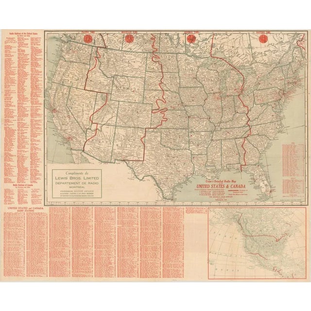 Paper Map of US and Canada and Cuba and Mexico Stations and Frequencies, 1930s For Sale - Image 7 of 10