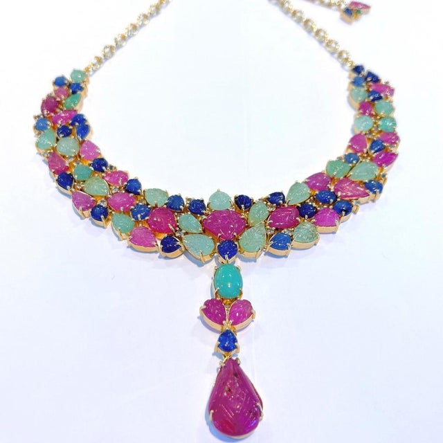 Bochic "Capri" Vintage Ruby, Emerald & Sapphire Necklace - 18K Gold & Silver For Sale - Image 4 of 18