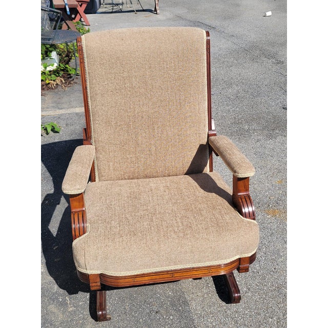 Wood 19th Century American Walnut , Victorian Rocking Chair Complete Restoration Upholstered For Sale - Image 7 of 11