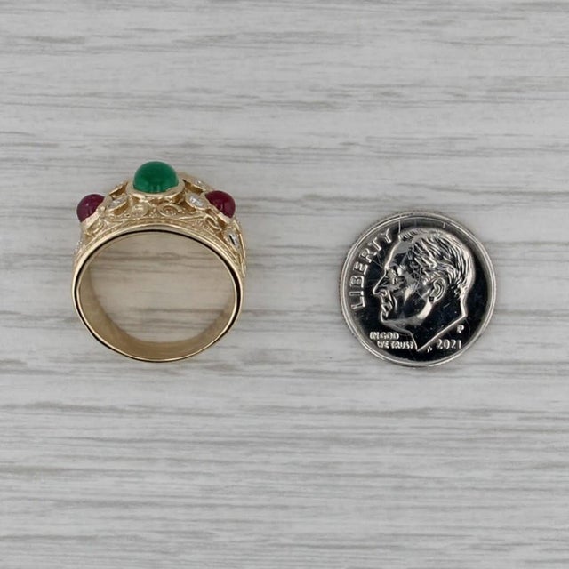 Metal Vintage Ornate Emerald Ruby Diamond Ring 14k Yellow Gold Size 6.25 For Sale - Image 7 of 8