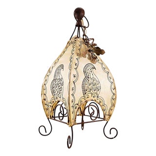 Vintage Ethnic Table Lamp in Metal and Leather For Sale