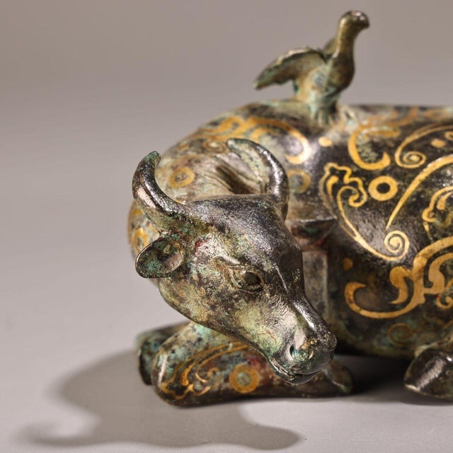 Bronze Late 19th Century Gilt Bronze Ox With Herder Figurine, 1000g, Archaic Motifs For Sale - Image 8 of 9