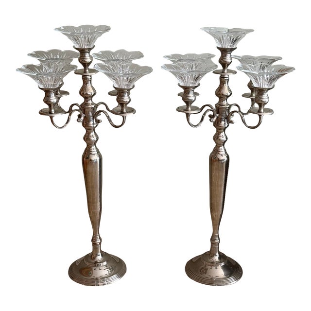 Vintage 1970s Silver Plate Candelabra With Removable Crystal Cups — 40” High For Sale