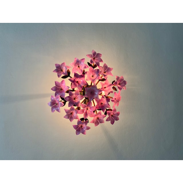 1980s Italian Style Pink Floral Crystal Flush Mount Chandelier, 3-Light For Sale - Image 13 of 17