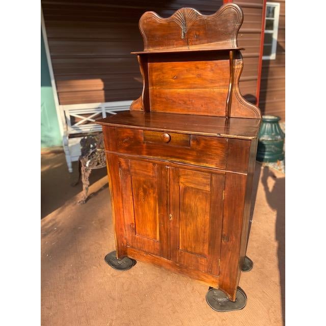 Vintage Rustic Dark Pine Wood Chiffonier Cabinet W/ Scrolled Top - Shelf & Drawer For Sale - Image 17 of 18