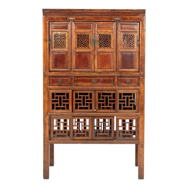 Chinese Carved Elm Wood Cabinet For Sale