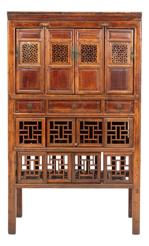 Chinese Carved Elm Wood Cabinet