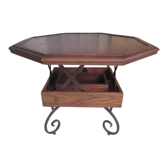 1970s Vintage Octagonal Dark Color Wood Coffee Table With Storage Underneath For Sale